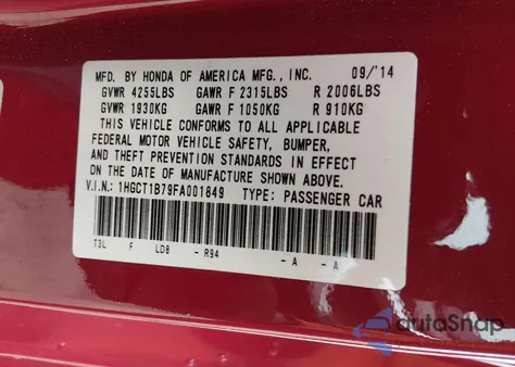 2015 Honda Accord Ex z USA, uszkodzony, nr VIN 1HGCT1B79FA001849